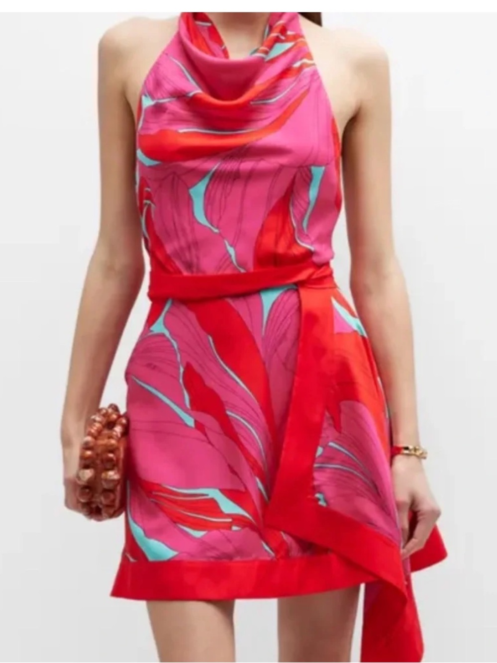 Cult Gaia Bryn side ruffle funnel neck Pink & Red Halter Sundress size small